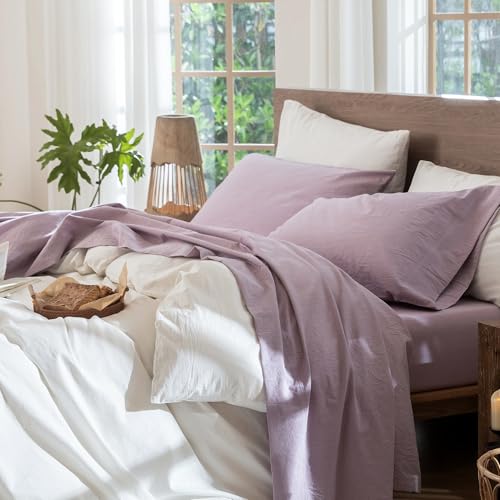 Image of MooMee Sheet Set 100% Washed Cotton Linen-Like Extra Deep Pocket Twin | Relaxed Linen-like Texture. Soft, Breathable & Lightweight Comfort. 15-19 inch Extra Deep Pocket with All-around Elastic