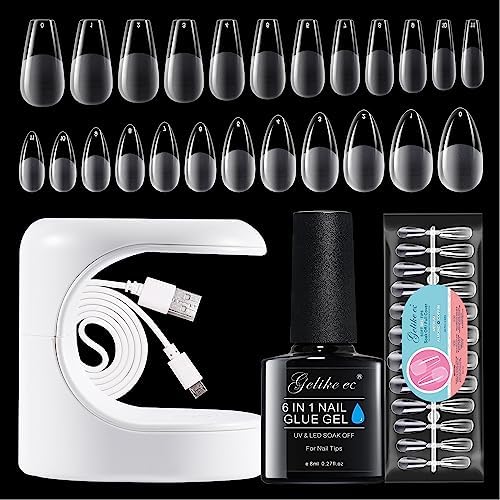 Gelike EC Nail Tips and Glue Gel Nail Kit, 6 In 1 Nail Glue Gel with Soft Gel Nail Tips Almond and Coffin 240Pcs Shape and Innovative UV LED Lamp Easy DIY Nail Art Fast Nail Extension Set Acrylic Nail Kit DIY Home Manicure