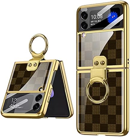SHIEID Samsung Z Flip 4 Case, Z Flip 4 Case with Ring Phone Case, Electroplating Color Painting Tempered Glass Protective Cover for Samsung Galaxy Z Flip 4 5G, Chess Brown