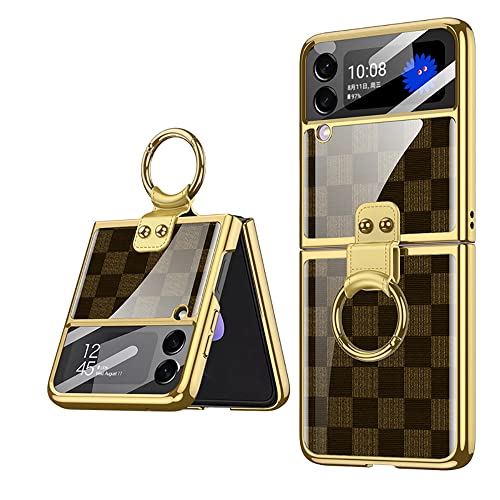 Shieid Samsung Z Flip 4 Case, Z Flip 4 Case With Ring Phone Case, Electroplating Color Painting Tempered Glass Protective Cover For Samsung Galaxy Z Flip 4 5G, Chess Brown #TOP22