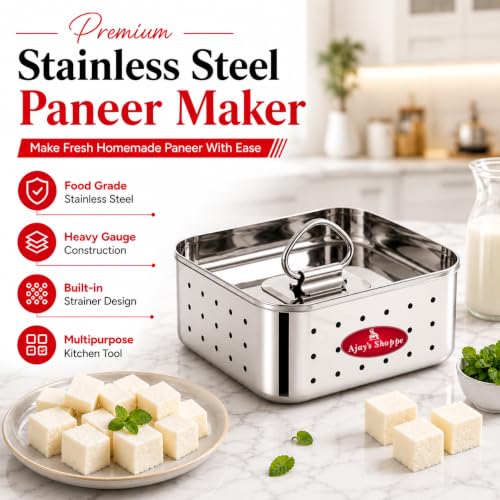 Image of Ajay's Shoppe Stainless Steel Paneer Maker - 350 ML Square Shape, Easy Paneer & Tofu Press for Homemade Perfection (13.7 x 4.5 CM)
