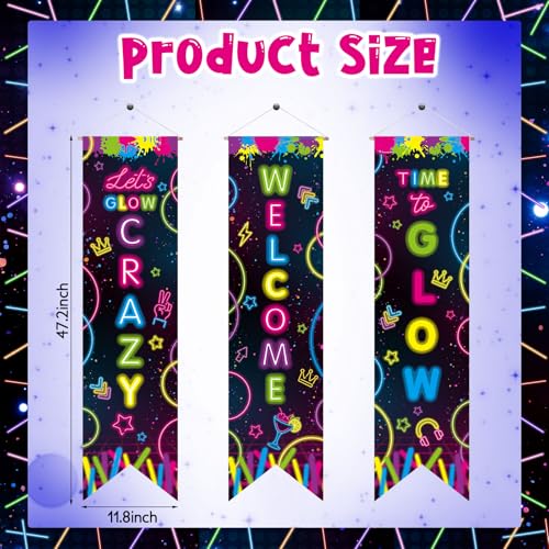 Image of Chiisong 3 Pcs Neon Banner Party Decorations Let's Glow Banner Glow in the Dark Porch Sign Welcome Birthday Porch Sign for Neon Birthday Party Supplies Club Halloween Classroom Decorations
