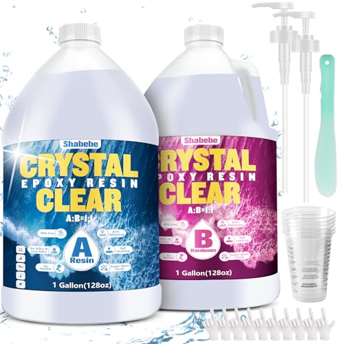 Shabebe Epoxy Resin 2 Gallon Kit, Upgraded Crystal Clear Resin Epoxy Food Safe with Pump, Self Leveling & Bubble Free High-Glossy with Anti-Yellowing for Coating, Casting, Jewelry Making, DIY Craft