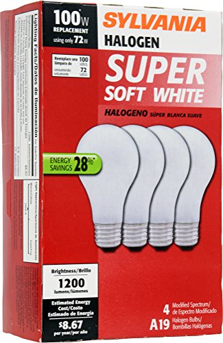 Sylvania Halogen A19 Light Bulb, 100W Equivalent, E26 Medium Base, 2800K Soft White, 4 Pack #TOP1