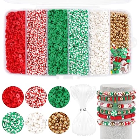 Christmas Clay Beads for Bracelets - 5000 Pcs Christmas Beads, 30 Xmas Charms, 100 Gold Spacer Beads, Christmas Heishi Bead Kit for DIY Christmas Bracelet Making Kit & Jewelry Crafts Cover