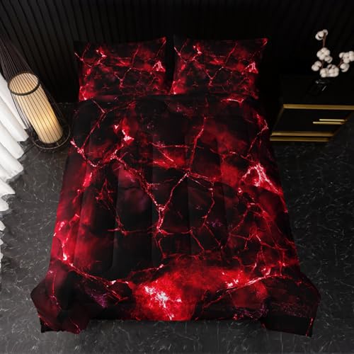 Image of Nttopship Red Comforter Set King Size,Red Marble Bedding Set 3 Pcs Bedding for Adults, Marble Room Decor with Comforter and 2 Pillowcases Soft and Lightweight B-Side Black
