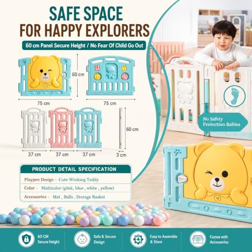 Image of Large Baby Playpen 18 Panels /36 Sq Ft Play Area Indoor Setup with Mat ,balls | Play Yard for Babies 0-3 Years with Padded Boundary |Indoor Outdoor Toddler , infant fence Activity Center with Safety Door Lock & Suction Cups (6 * 6 FT)