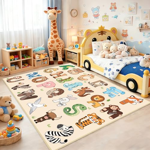 FTBNIQWRHN Kids Rugs for Playroom - 2.5x4 Feet ABC Rug for Toddler Children Educational Learning Animal Alphabet Rug Kids Play Mat Nursery Bedroom Kindergarten Decor Beige