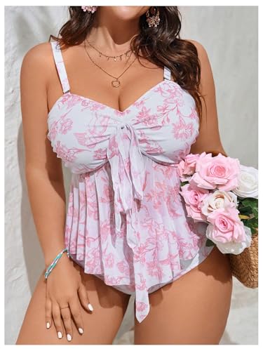 Floerns Women's Plus Size Tankini Set Floral Ruffle Hem Knot Front High Waisted 2 Piece Bathing Suit4