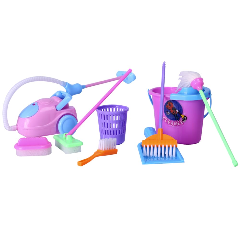 E-TING Miniature Mop Dust Pan, Brush, Broom, Plastic Bucket Doll Housework Cleaning Supplies Tools Set Dollhouse Furniture Decoration Accessories for 7-11.5 inch Dolls Accessories, Multicolored