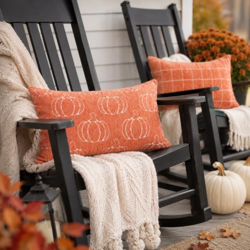 Image of Fall Pumpkin Lumbar Pillow Covers, Autumn Decor (Orange,12x20) | Jacquard chenille texture, double-sided reversible design, hidden zipper, for couch, sofa, bed, farmhouse autumn decor