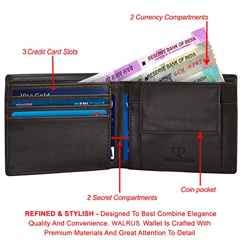 Image of Walrus Brown Vegan Leather Bi-Fold Wallet for Men | Nature Friendly | RFID Protection | 3 Card Pockets, 2 Main Compartments, Coin Pocket, SIM Card Pockets | Wallet for Men, Men's Purse for Gift