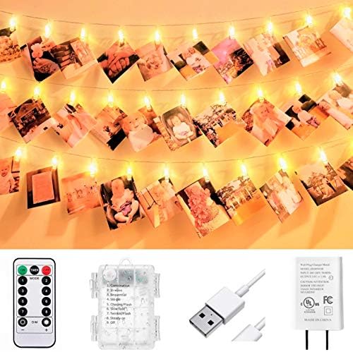 40 LED Photo Clip String Lights for Bedroom Wall Decor┃Battery or Plug In┃Fairy Lights to Hang Pictures Christmas Cards, Wedding Photos┃20ft Soft White┃Photo Lights with Clips for Picture Hanging