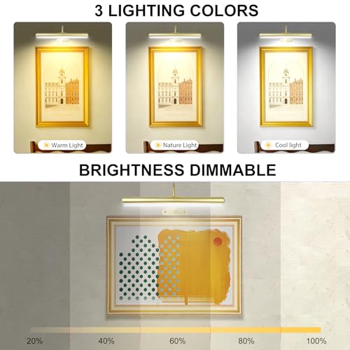 Image of Set of 2 Picture Lights on Wall Rechargeable and Remote, Full Metal Painting Light with 3 Lighting Colors Brightness Dimmable and Timer Auto-OFF, Above Artwork Dartbord Display Gallery Portrait