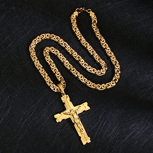 Komi Cross Necklace For Men - Stainless Steel Cross Pendant Necklace Jesus Mens Cross Necklaces With Gold Byzantine Chain Necklace Amulet Crucifix Necklaces Catholic Christian Gifts For Men #TOP4
