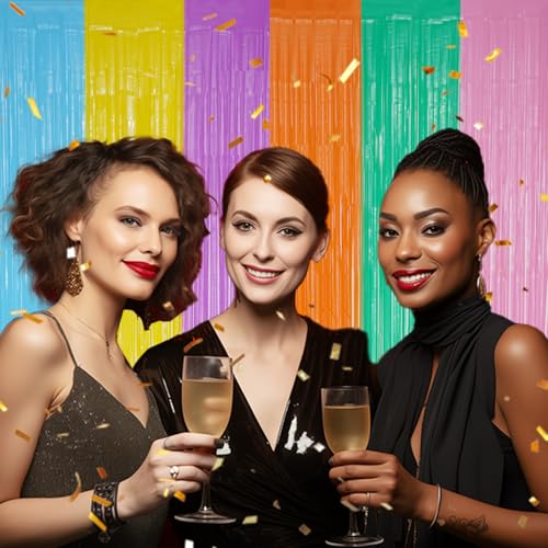 Image of DECOCKRAT 2 Pack Foil Fringe Backdrop - Pastel Combo Rainbow Shiny Tinsel Curtains for Party Decoration /Photo Booth Props - 3.3x6.6 FT Metallic Foil Backdrop for Birthday /Wedding /Graduation /Christmas