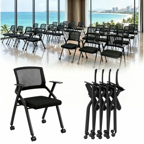 Image of 12 pack Folding Office Chair W / Wheels, Heavy Duty Conference Room Chair | Nesting Rolling Training Chairs, Lumbar Support, Mesh back, Padded Seat, Meeting, Commercial Guest Reception, Classroom