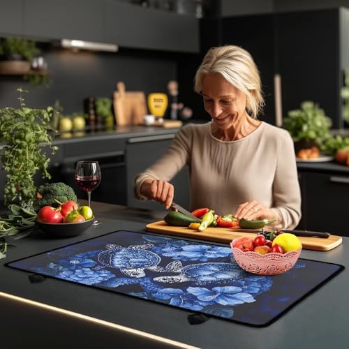 Image of Poceacles Stove Top Cover Protector Glass Stove Guard Anti-slip Scratch Resistant Cooktop Protector Range Cover Extra Counter Space, 29'' x 21'', Sea Turtle Flower Blue