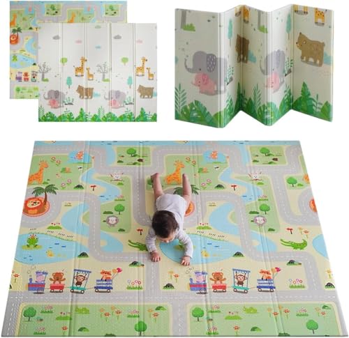 MIKMEL Tapis de Jeu pour Enfants. Tapis de Sol Bébé en Mousse Pliable Réversible (Routes/Animaux, Grand)