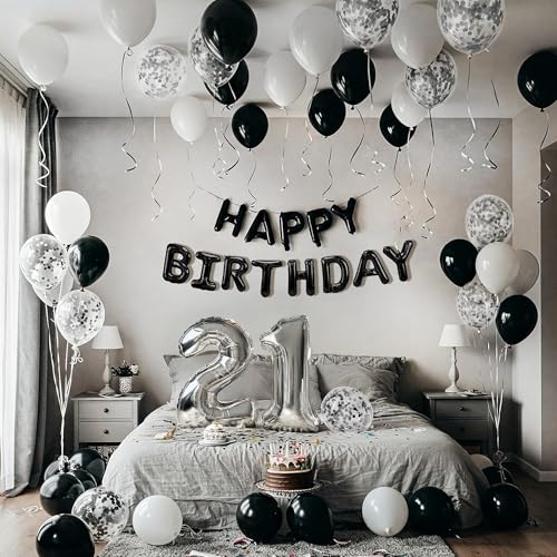 Image of SpecialYou.in 21st Happy Birthday Decoration Kit for Girls, Boys with Black & White Balloons for Decoration, 21 Number Foil Balloon, Aesthetic Room Decor Items Pinterest, Birthday Decor- 31 Pcs