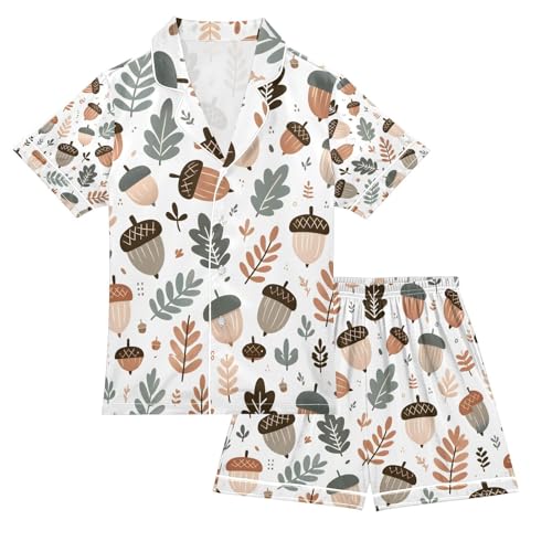 senya Forest Acorn Satin Summer Pajama Sets Silk Short Sleeve Button Down Sleepwear