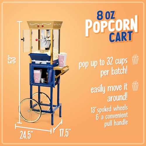 Nostalgia Popcorn Maker Machine - Professional Cart With 8 Oz Kettle Makes Up to 32 Cups - Vintage Popcorn Machine Movie Theater Style - Navy & Gold