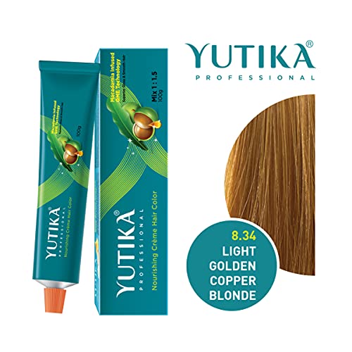 Image of YUTHIKA Professional Creme Hair Colour Light Golden Copper Blonde 8.34 100g | Permanent Hair Dye | Salon-Grade Lightening | Silky, Long Lasting | For Women & Men