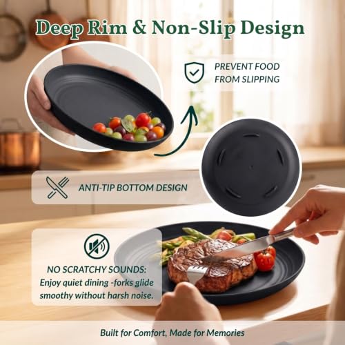 Image of Homienly Wheat Straw Plates Set - 11 inch Reusable Large Dinner Plates Set of 8, Lightweight Unbreakable Salad Plates, Microwave and Dishwasher Safe Plates, Deep Plates for Dinner, Camping - Black