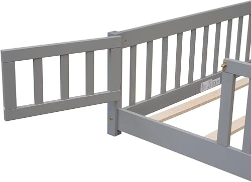 Miniatura 7 de Cama de suelo de tamaño matrimonial, marco de cama Montessori de madera maciza con barandillas en forma de valla y puerta pequeña y listones de