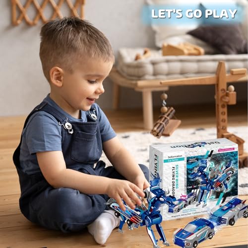 Image of Collision Transforming Dinosaur Car Toy, Magnetic Dinosaur Transformer Car for Boys & Girls Party Favors Birthday Christmas (Blue)