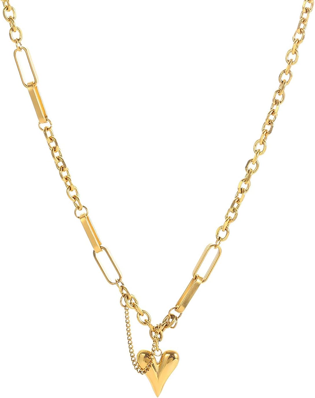 18K Gold Plated Puffy Heart Charm Necklace For Women Cute Small Heart Pendant Choker Chunky Paperclip Chian Stacked Necklaces Personalized Gift For Friend