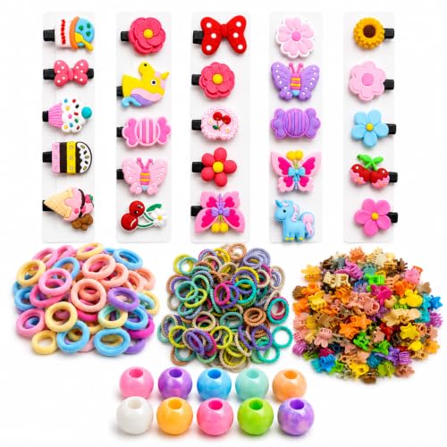 Image of 300 Pcs Hair Accessories for Kids Girls | Cute Baby Hair Clips, Rubber Bands, Nancy Bands, Hair Beads & Mini Claw Clips Combo | Hair Accessories for Baby Girl | Kids Hair Clips Set | Mixed Designs
