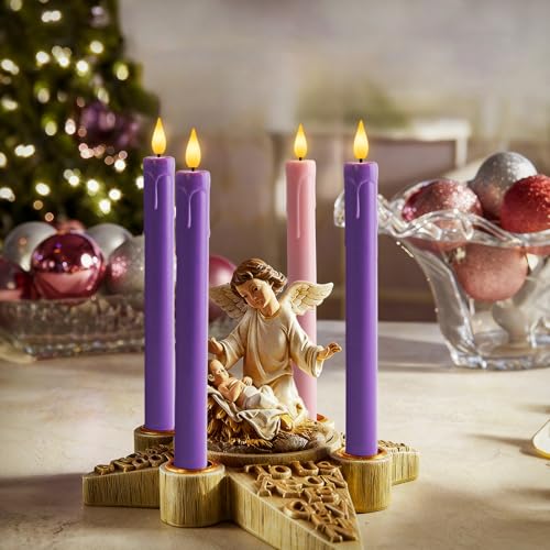 Image of Homemory Flameless Advent Candles, Set of 4, Battery-Operated Flickering LED Candlesticks, Flameless Taper Candles with Remote Timer - 3 Purple, 1 Pink for Christmas Wreath