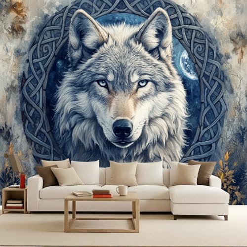 Papel Pintado Vikingo Lobo Cuervo Nudo Celta Runa 200x140 cm Efectos 3D Papel Tapiz Fotográfico Tejido No Tejido Mate Póster Fotomurales Decoración Pared Para Dormitorio Salón Decorativos Murales