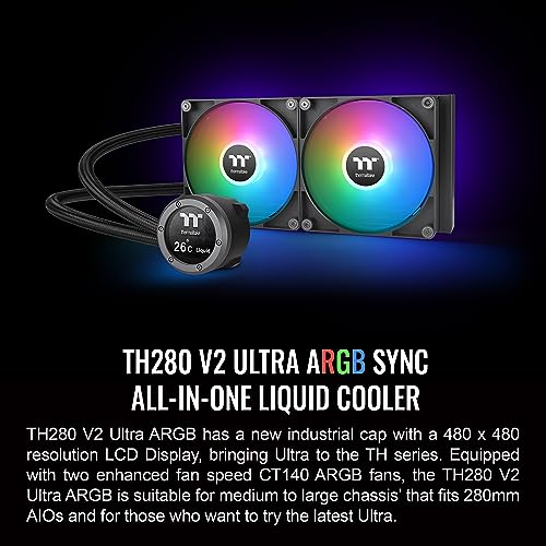 Image of Thermaltake TH280 V2 Ultra ARGB Sync /AlO Liquid Cooler /ARGB Fan 140 * 2 /PWM 500~1800rpm /Water Block 2.1 inch LCD /Black, CL-W385-PL14SW-A