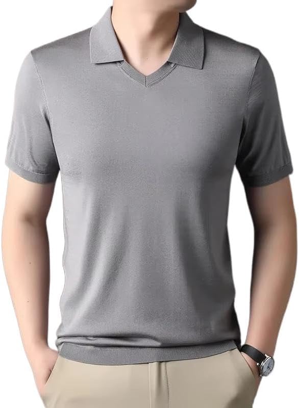 Men's Short-Sleeved Thin Sweater Lapel Casual Knitted T-Shirt