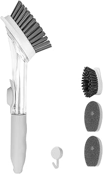 Soap Dispensing Dish Brush with 4 Replaceable Heads, Updated No Leaking Soap Dish Scrubber Soap Dispenser, Kitchen Dish Brush with Soap Dispenser for Pot Pan Sink CleaningLight Gray