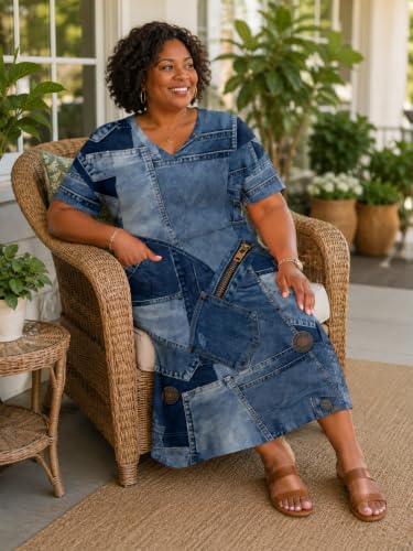 Image of Plus Size Maxi Dress for Women Short Sleeve V Neck Casual Loose Sundress with Pockets