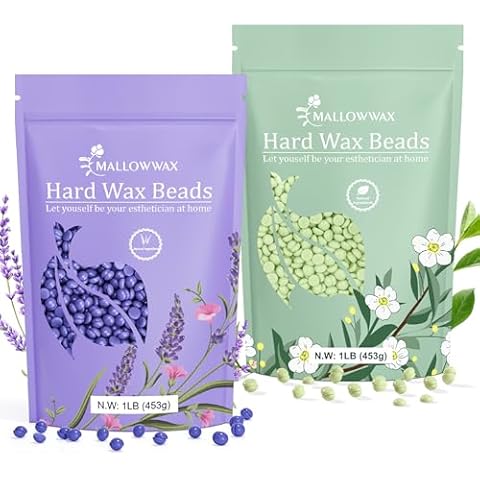 Mallowwax Hard Wax Beads 2-Pack, 1lb Lavender Hard Wax Beans for Coarse Hair Full Body+ 1lb Tea Tree Waxing Beads for Face Underarms Bikini Legs Cover