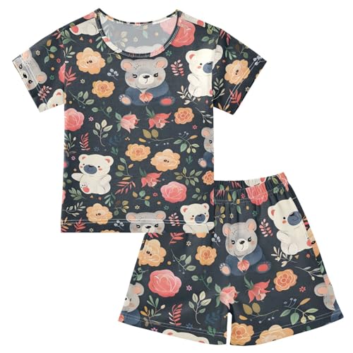 ALAZA Cute Bear Rose Flower on Black Pajamas Short Sleeve 2 Piece Sleepwear Top and Bottom Pajama Set Unisex