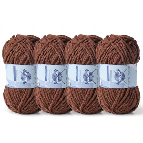 Image of 4 Pack Chunky Chenille Yarn for Crocheting, Baby Yarn for Crocheting Soft Blankets, Bulky Yarns for Crochet Amigurumi, 400g (297yds) Fluffy Velvet Yarns for Hand Knitting (4 Deep Coffee)