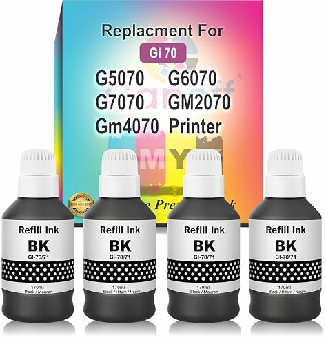 Image of CANOFF GI 70 Multicolor Compatible Ink for Canon Pixma G5070 G6070 G7070 GM2070 GM4070 Printer (Gi-70 Black 4pc. x 170ml)
