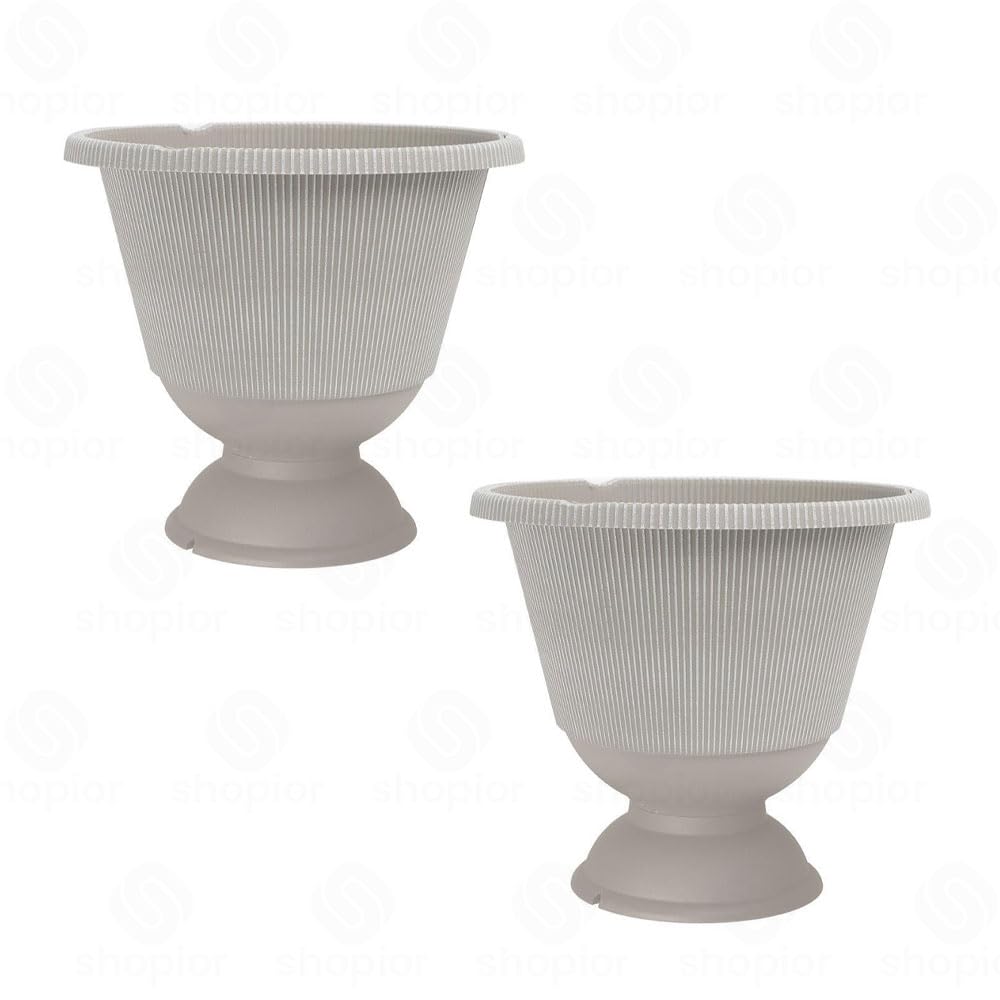 Jake Faux Ribbed Planter Variety – Modern Stone Effect Plant Pots, Decorative Outdoor Indoor Flower Planters, Round, Tall, Square & Urn Garden Containers (34cm-Urn Planter-Powdered Beige Grey-Pack 2) — image 1