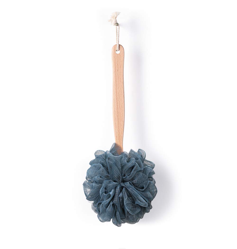 Bath Sponge & Brush Long Handled Loofah Back Scrubber Shower & Bath Exfoliating Pouf Scrubber on a Stick Body Back Brush with a Wood Handle Loofah Mesh for Men & Women By Krramel (Navy Blue)