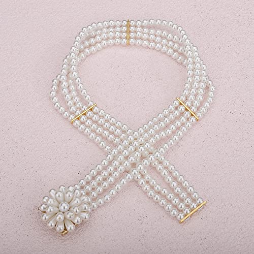 Jumwrit Elastic Pearl Belt for Women Rhinestone Big Pearl Flower Waist Chain Layered Pearl Wedding Dress Belt Sash Off White Round Pearl Bridal Belt（Style 4）4