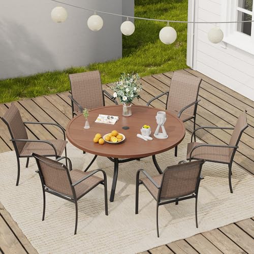 Image of VICLLAX 47.2 inch Round Patio Table, Outdoor Dining Table for 6 with Umbrella Hole for Garden Lawn Deck Backyard, Walnut