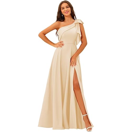 Women's One Shoulder Bridesmaid Dresses with Bow Long Prom Dress with Slit Satin Formal Dresses RA026