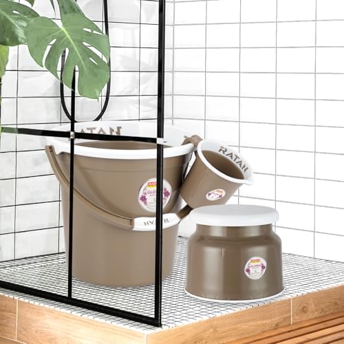 Image of RATAN PLASTICWARE Plastic Bathroom Set of 5 Pieces Combo Pack Gloria Plain 18 Liters & 20 Liters Bucket + Nova Stool Patla 107 + Two Gloria Plain Bath Mug 1 Liter Color Light Brown