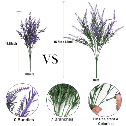 DEMIUKO 10 Bundles Artificial Lavender Fake Flowers Faux Plastic Plants UV Resistant Purple Flowers Artificial Plants for Home Wedding Table Centerpieces Indoor Outdoor Decor (Purp image 2