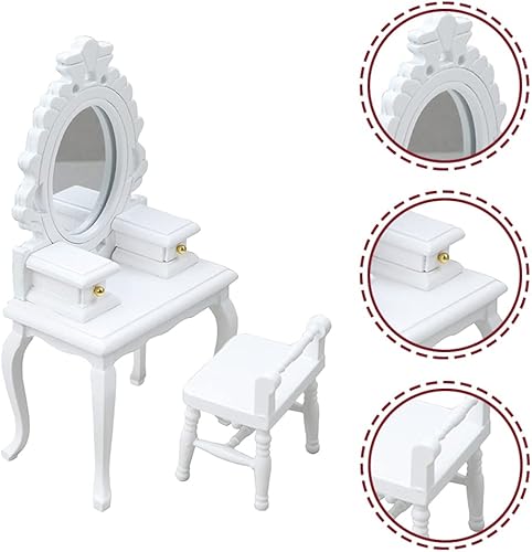 Miniatura 7 de LUOZZY 2 piezas de accesorios de muebles en miniatura escala 112 Mini tocador y taburete modelo conjunto de decoración de casa de muñecas - blanco